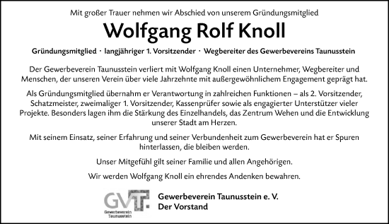 Traueranzeige von Wolfgang Rolf Knoll von Wiesbadener Kurier