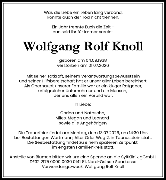 Traueranzeige von Wolfgang Rolf Knoll von Wiesbadener Kurier