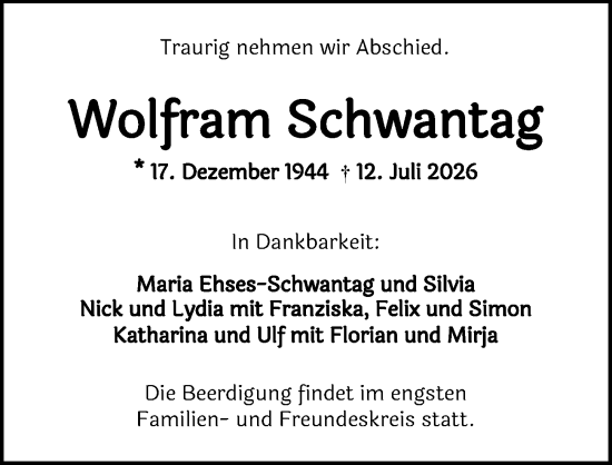 Traueranzeige von Wolfram Schwantag von Wiesbadener Kurier