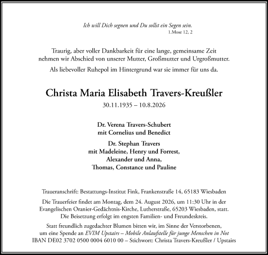 Traueranzeige von Christa Maria Elisabeth Travers-Kreußler 