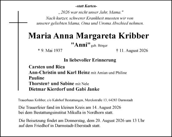 Traueranzeige von Maria Anna Margareta Kribber von Darmstädter Echo