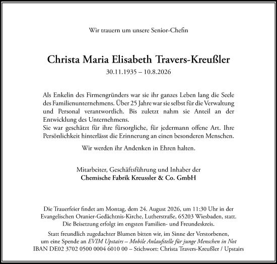 Traueranzeige von Christa Maria Elisabeth Travers-Kreußler 