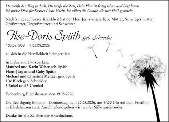 Traueranzeige von Ilse-Doris Späth von Dill Block