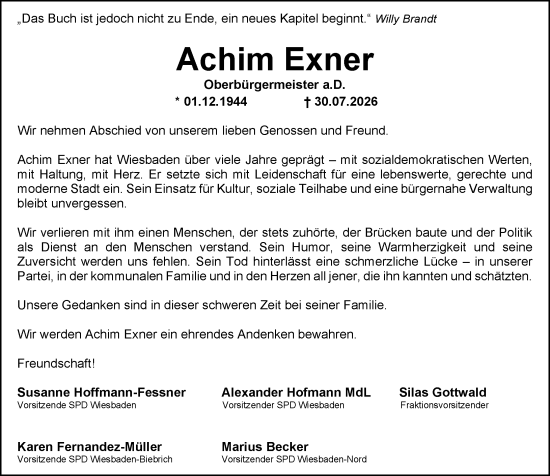Traueranzeige von Achim Exner von Wiesbadener Kurier