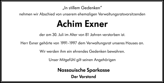 Traueranzeige von Achim Exner von Wiesbadener Kurier