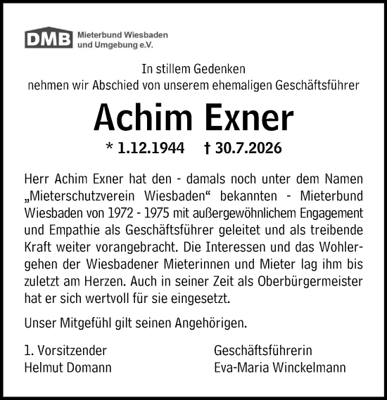 Traueranzeige von Achim Exner von Wiesbadener Kurier