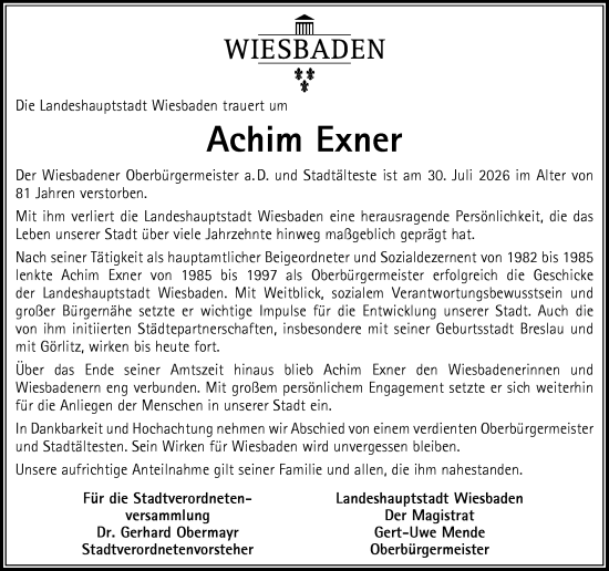 Traueranzeige von Achim Exner von Wiesbadener Kurier