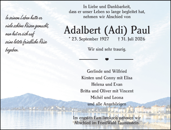 Traueranzeige von Adalbert Paul von Wiesbadener Kurier