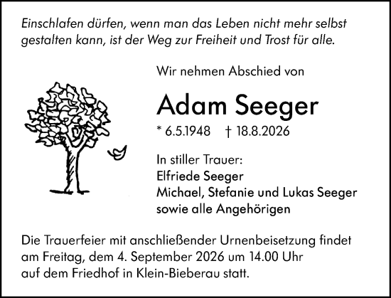 Traueranzeige von Adam Seeger von Darmstädter Echo