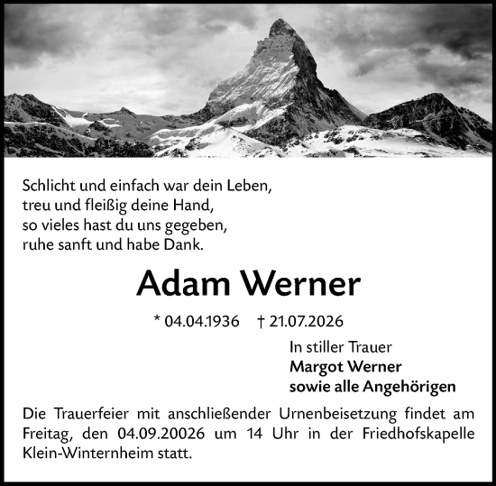 Traueranzeige von Adam Werner von Allgemeine Zeitung Mainz