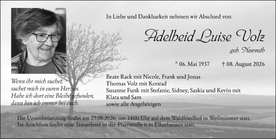 Traueranzeige von Adelheid Luise Volz von Weilburger Tageblatt