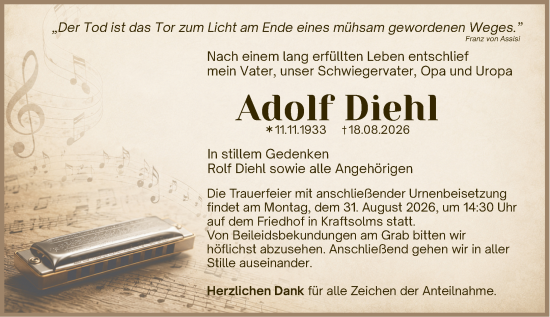 Traueranzeige von Adolf Diehl von Wetzlarer Neue Zeitung