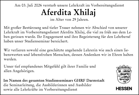 Traueranzeige von Aferdita Xhilaj von Darmstädter Echo