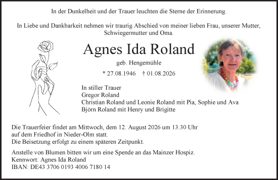 Traueranzeige von Agnes Ida Roland von Allgemeine Zeitung Mainz