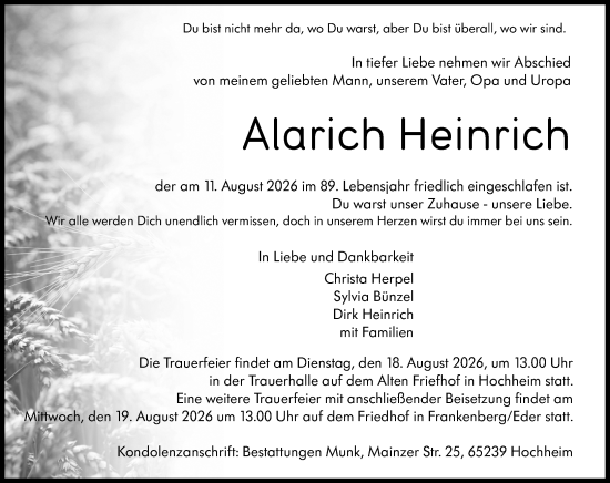 Traueranzeige von Alarich Heinrich von Hochheimer Zeitung