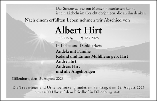 Traueranzeige von Albert Hirt von Dill Block