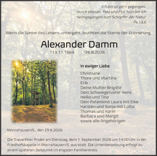 Traueranzeige von Alexander Damm von Hinterländer Anzeiger