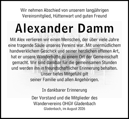 Traueranzeige von Alexander Damm von Hinterländer Anzeiger