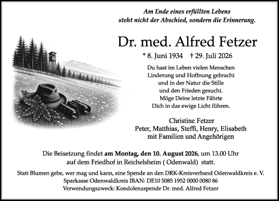 Traueranzeige von Alfred Fetzer von Odenwälder Echo