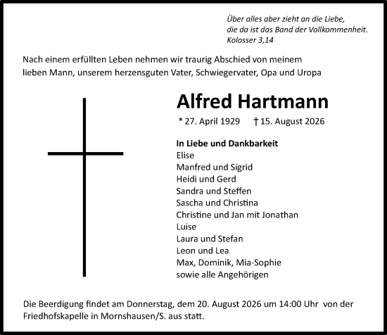 Traueranzeige von Alfred Hartmann von Hinterländer Anzeiger