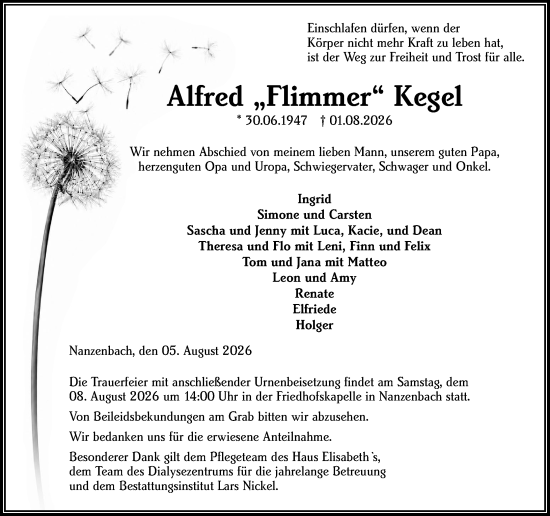 Traueranzeige von Alfred Kegel von Dill Block