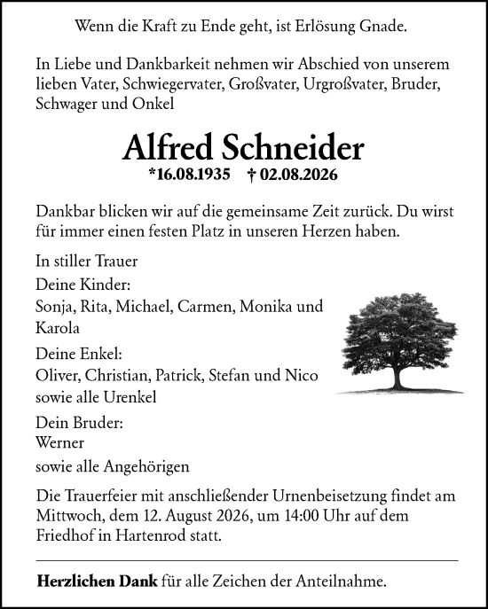 Traueranzeige von Alfred Schneider von Hinterländer Anzeiger