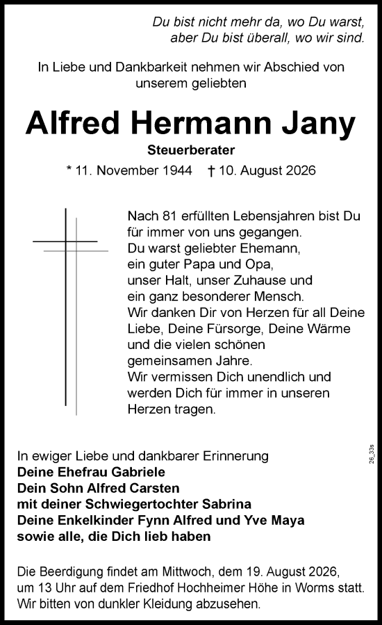 Traueranzeige von Alfred Hermann Jany von Wormser Zeitung