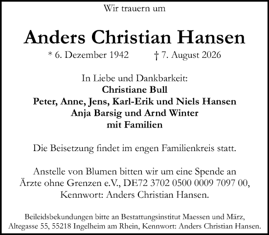 Traueranzeige von Anders Christian Hansen von Allgemeine Zeitung Rheinhessen-Nahe
