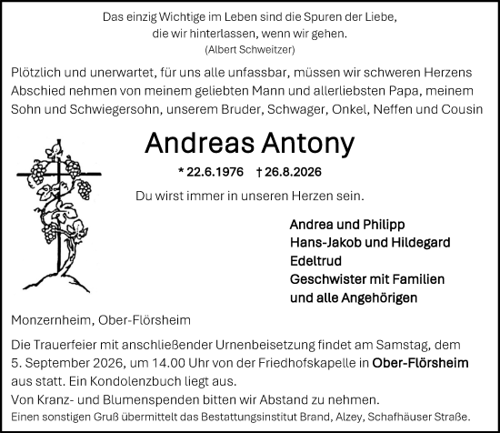 Traueranzeige von Andreas Antony von Allgemeine Zeitung Alzey