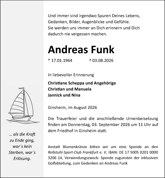 Traueranzeige von Andreas Funk von Allgemeine Zeitung Mainz