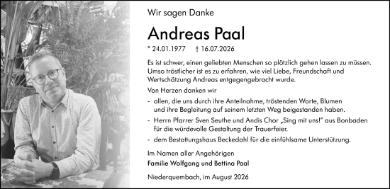 Traueranzeige von Andreas Paal von Wetzlarer Neue Zeitung