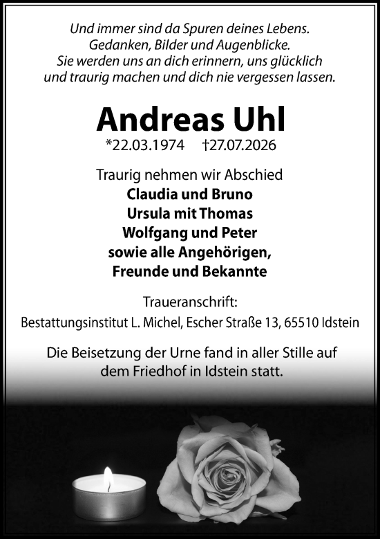 Traueranzeige von Andreas Uhl von Idsteiner Land/Untertaunus