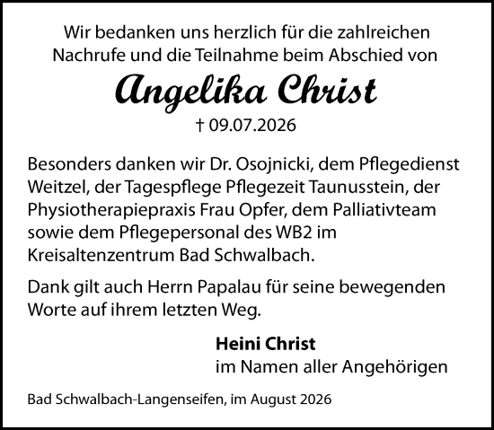 Traueranzeige von Angelika Christ von Rheingau-Taunus-Kreis Wochenblatt