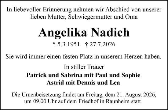 Traueranzeige von Angelika Nadich von Rüsselsheimer Echo