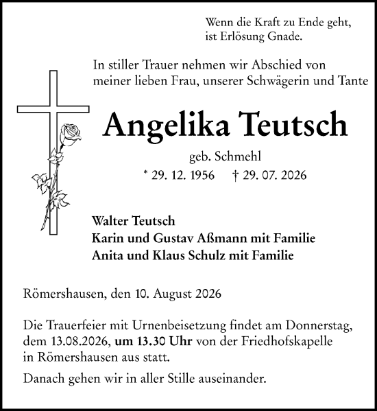 Traueranzeige von Angelika Teutsch von Hinterländer Anzeiger