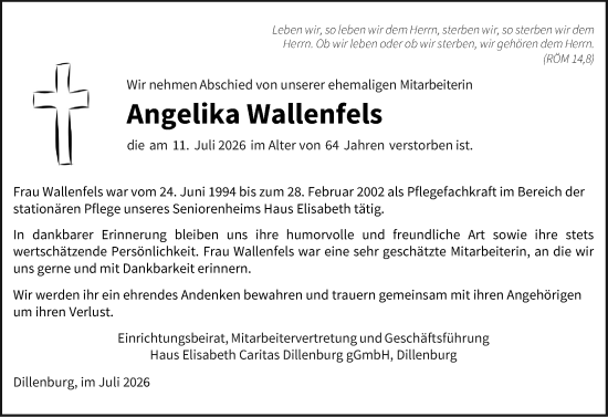 Traueranzeige von Angelika Wallenfels von Dill Block