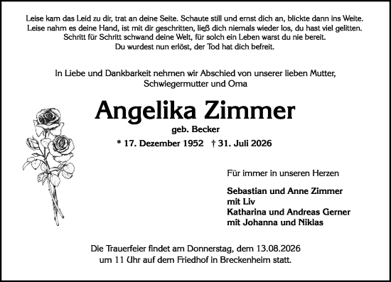 Traueranzeige von Angelika Zimmer von Wiesbadener Kurier