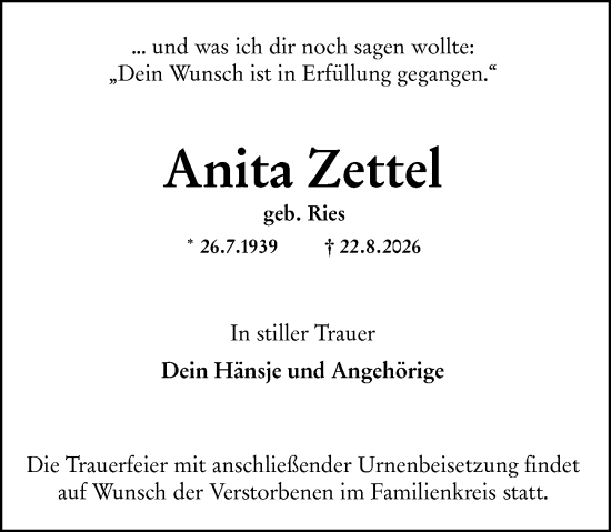 Traueranzeige von Anita Zettel von Wiesbadener Kurier