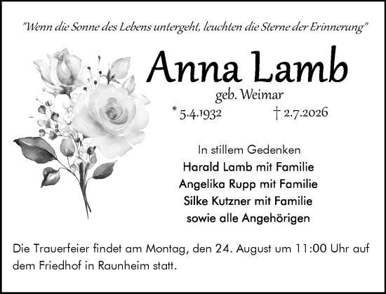 Traueranzeige von Anna Lamb von Rüsselsheimer Echo