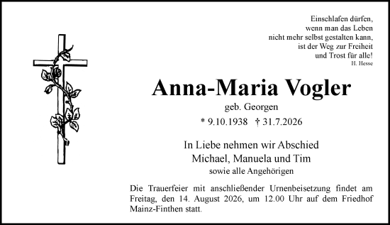 Traueranzeige von Anna-Maria Vogler von Allgemeine Zeitung Mainz