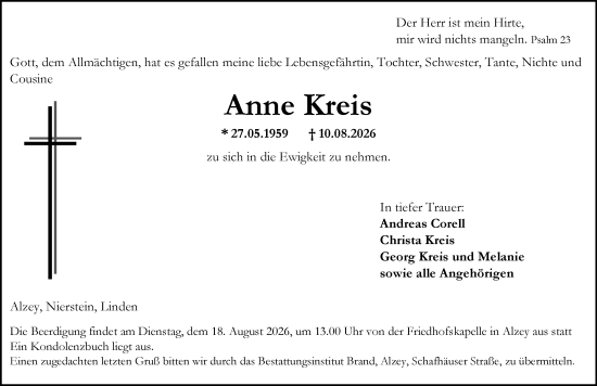 Traueranzeige von Anne Kreis von Allgemeine Zeitung Alzey