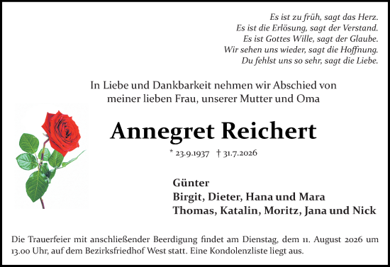 Traueranzeige von Annegret Reichert von Allgemeine Zeitung Mainz