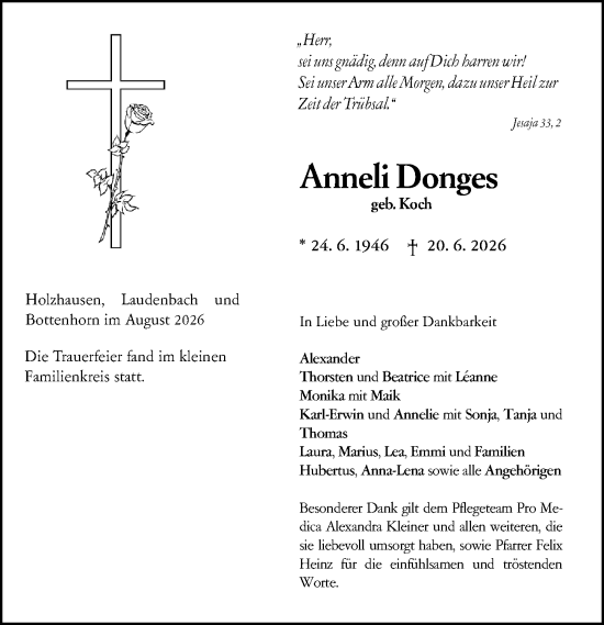 Traueranzeige von Anneli Donges von Hinterländer Anzeiger