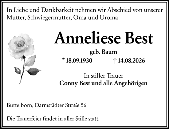 Traueranzeige von Anneliese Best von Groß-Gerauer Echo