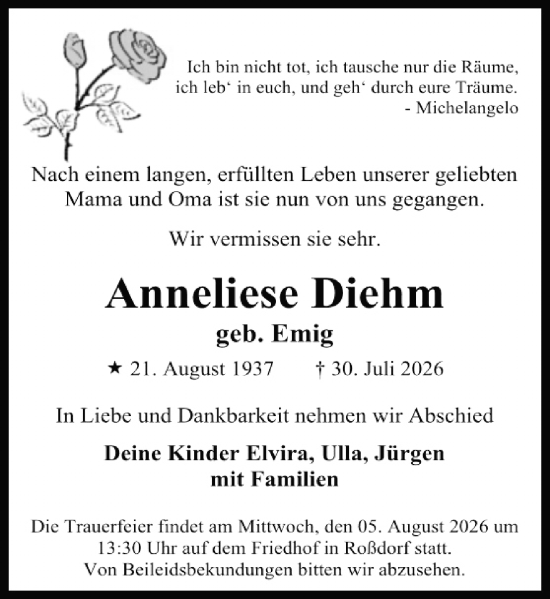 Traueranzeige von Anneliese Diehm von Darmstädter Echo