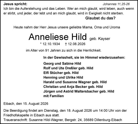 Traueranzeige von Anneliese Hild von Dill Block