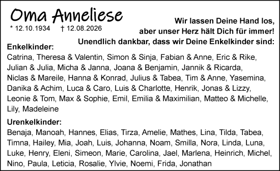 Traueranzeige von Anneliese Hild von Dill Block