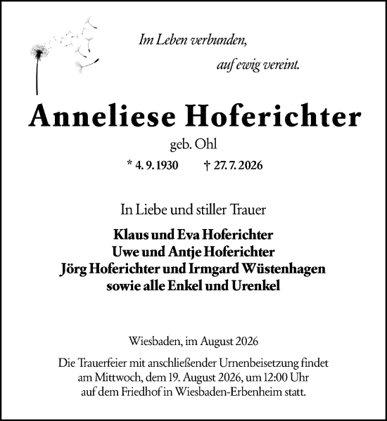 Traueranzeige von Anneliese Hoferichter von Wiesbadener Kurier