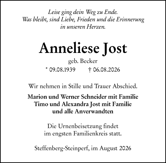 Traueranzeige von Anneliese Jost von Hinterländer Anzeiger