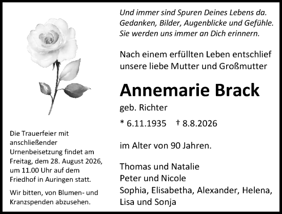 Traueranzeige von Annemarie Brack von Wiesbadener Kurier